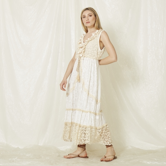 White Lace Cutout Embroidered Sleeveless Maxi Dress w/ Tassels made in Italy - Picture 2 of 14